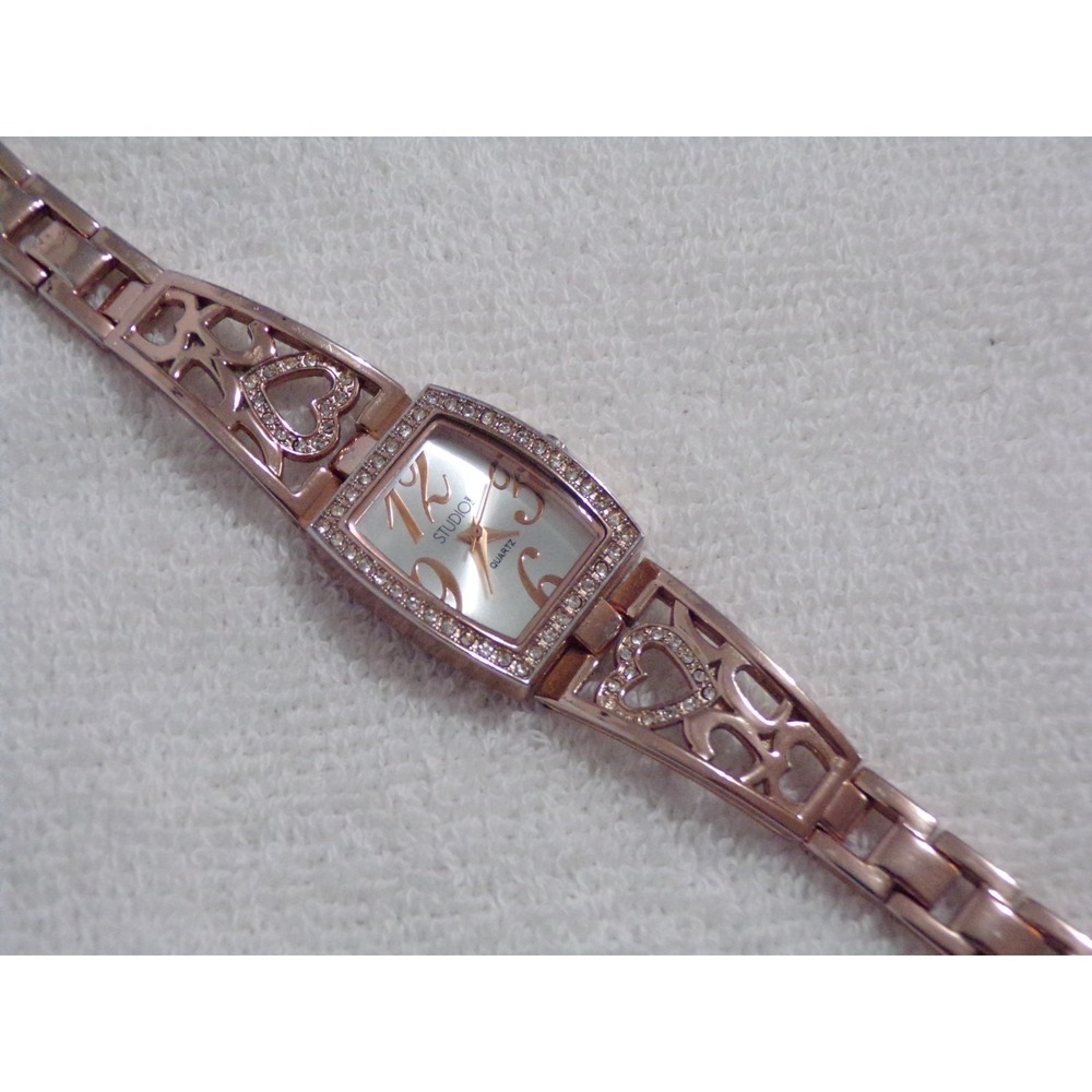 Studio Women's Wristwatch Rose Tone Pearl Face Square Rhinestones Hearts 7" Band